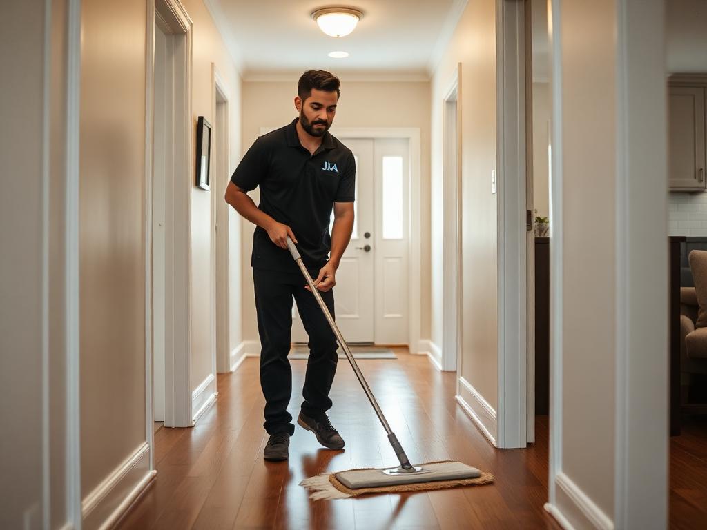 Mopping a hardwood hallway floor