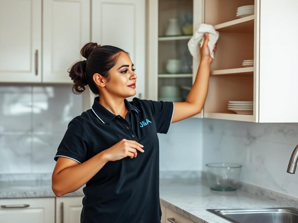 Wiping down kitchen cabinets after a deep clean