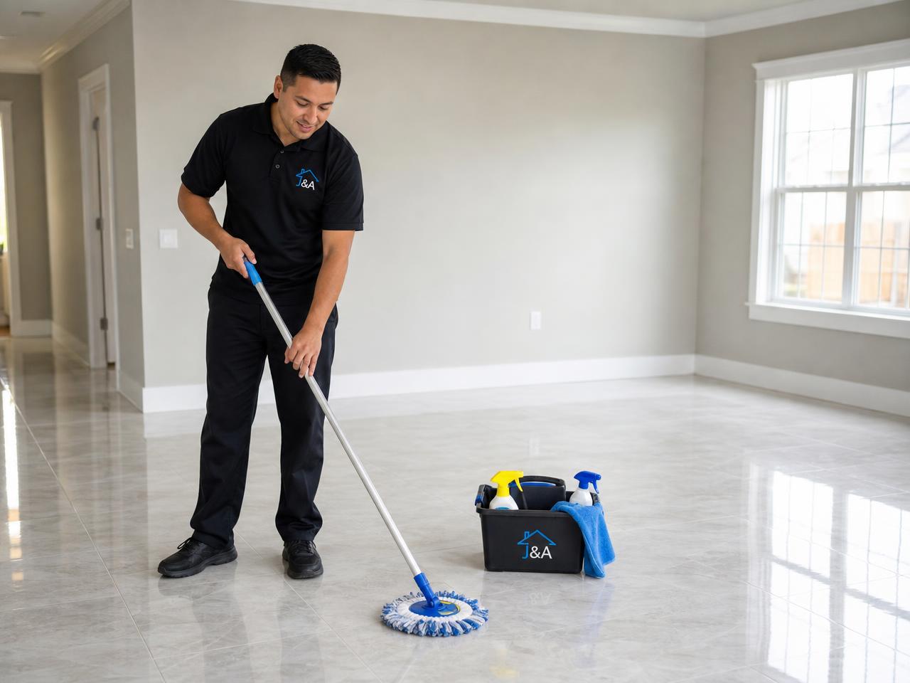 Our cleaner mopping a tile floor after a deep clean