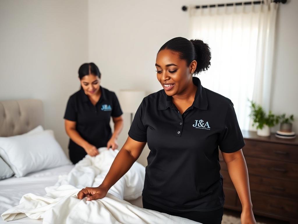 Making beds with fresh linens for an Airbnb turnover