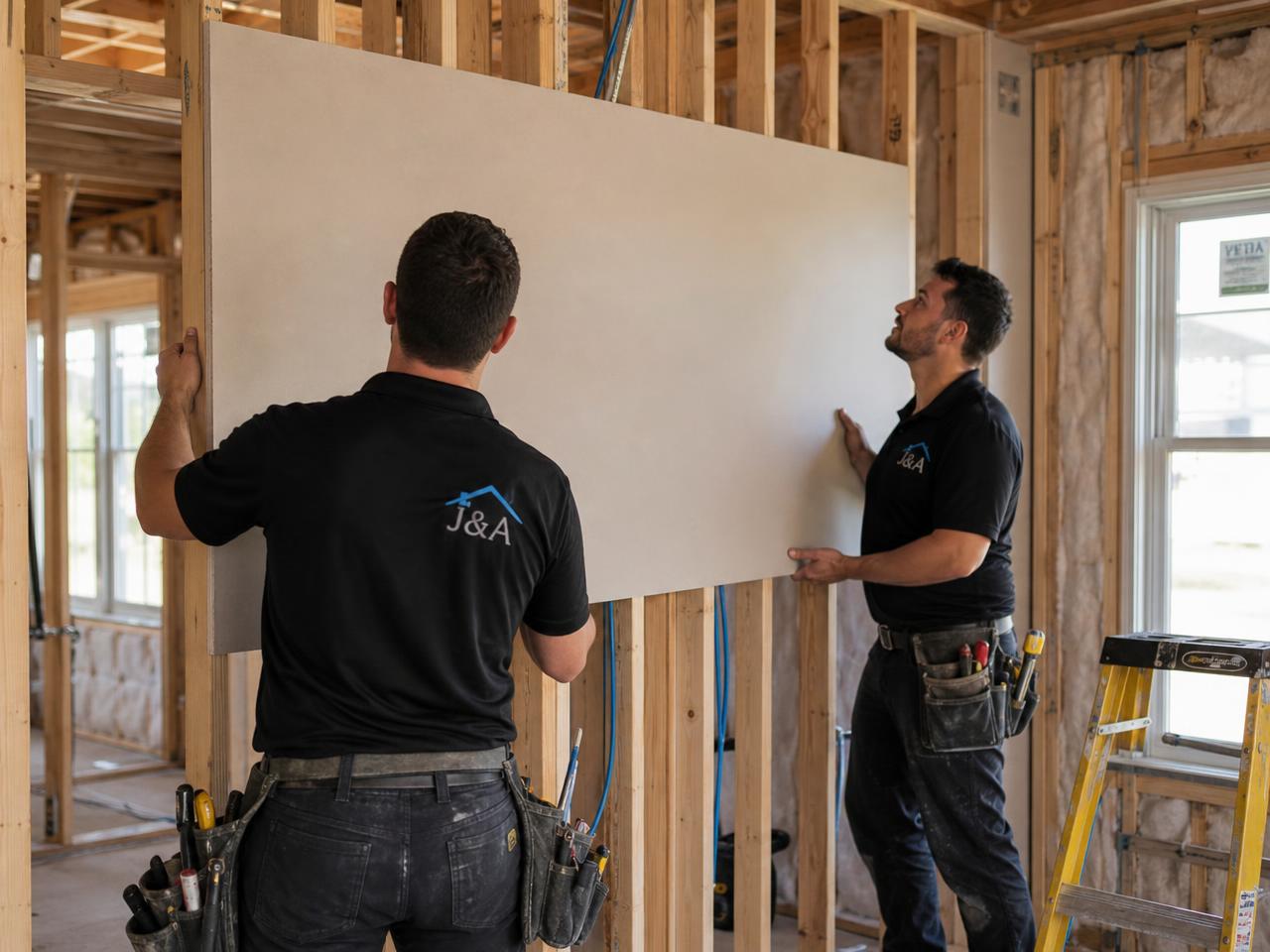 Our team hanging drywall in an unfinished room