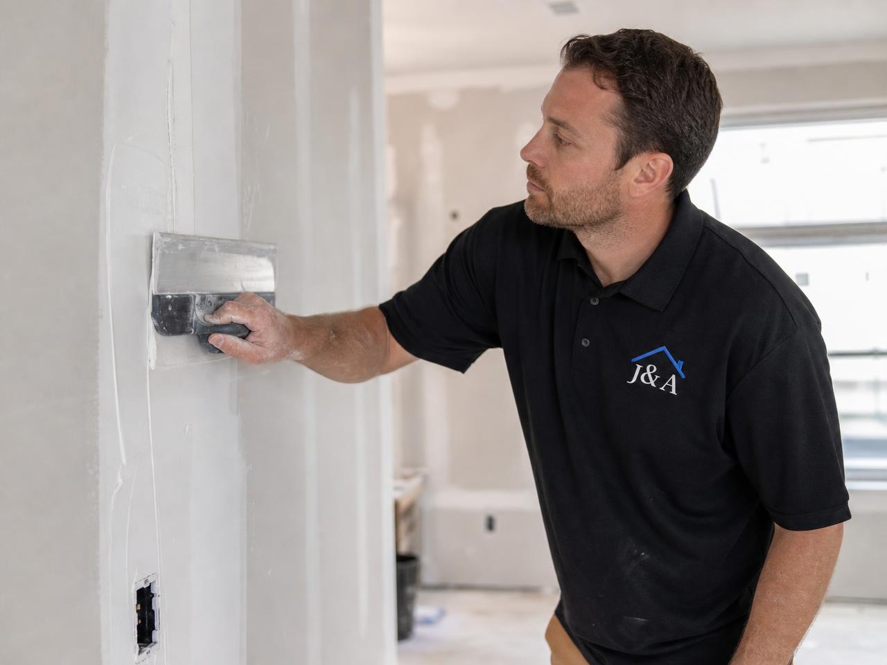 Technician finishing a drywall seam smooth
