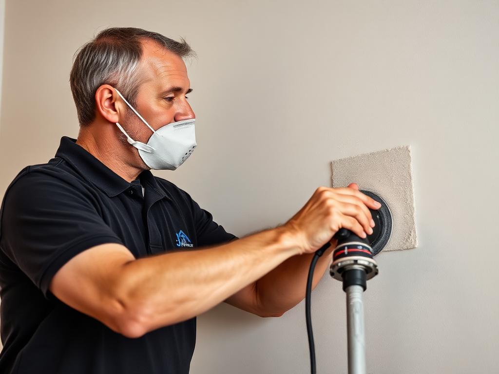 Technician sanding a drywall wall with a pole sander