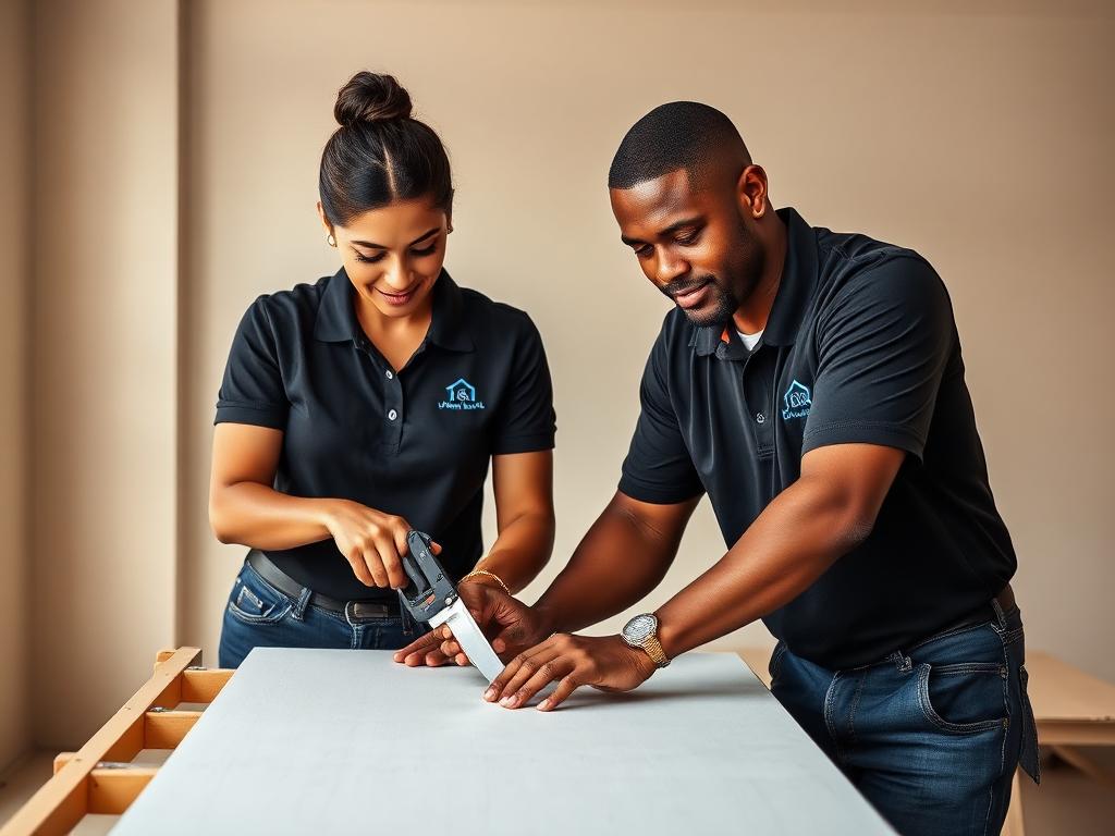 Two crew members cutting a drywall sheet to size