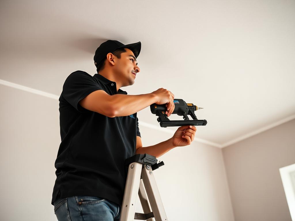 Screwing drywall to ceiling joists from a ladder