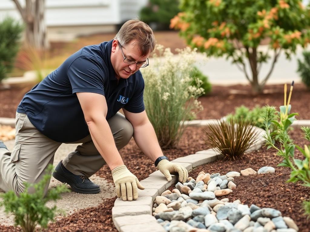 Setting stone border and river rock in a garden bed