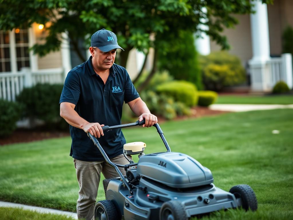 Mowing a green front lawn with a commercial mower