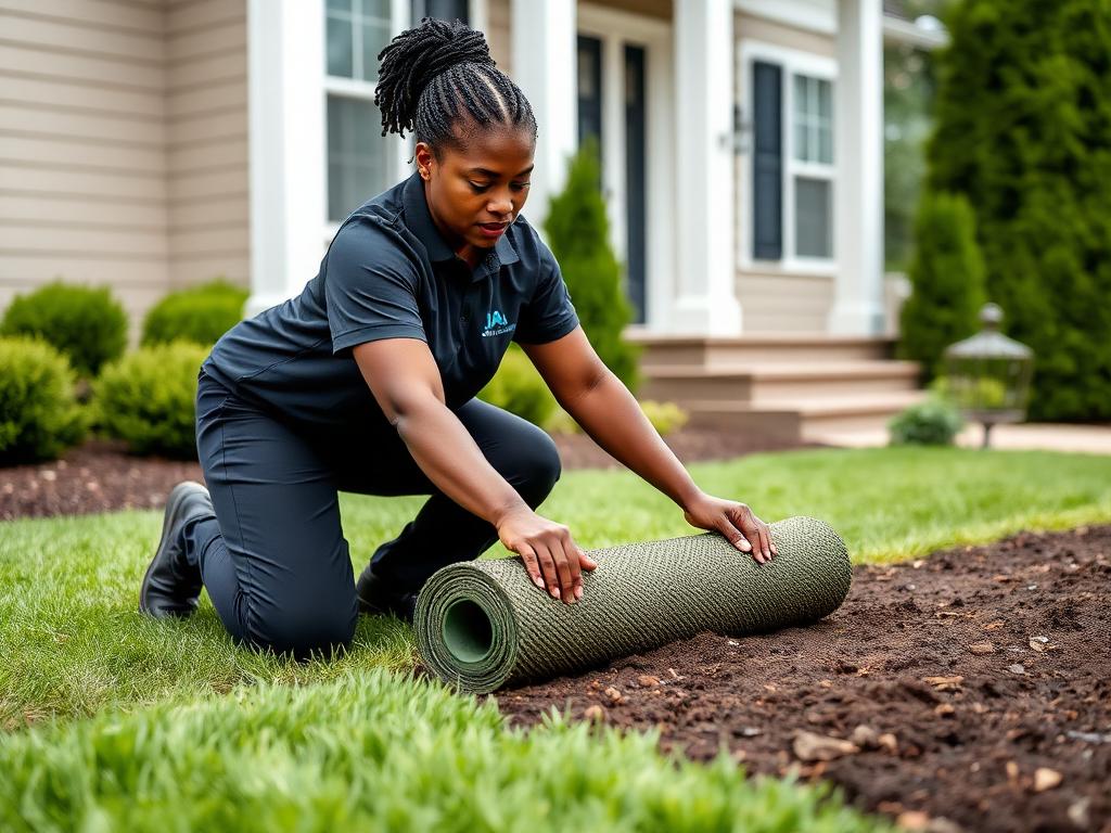 Unrolling new sod in a front yard