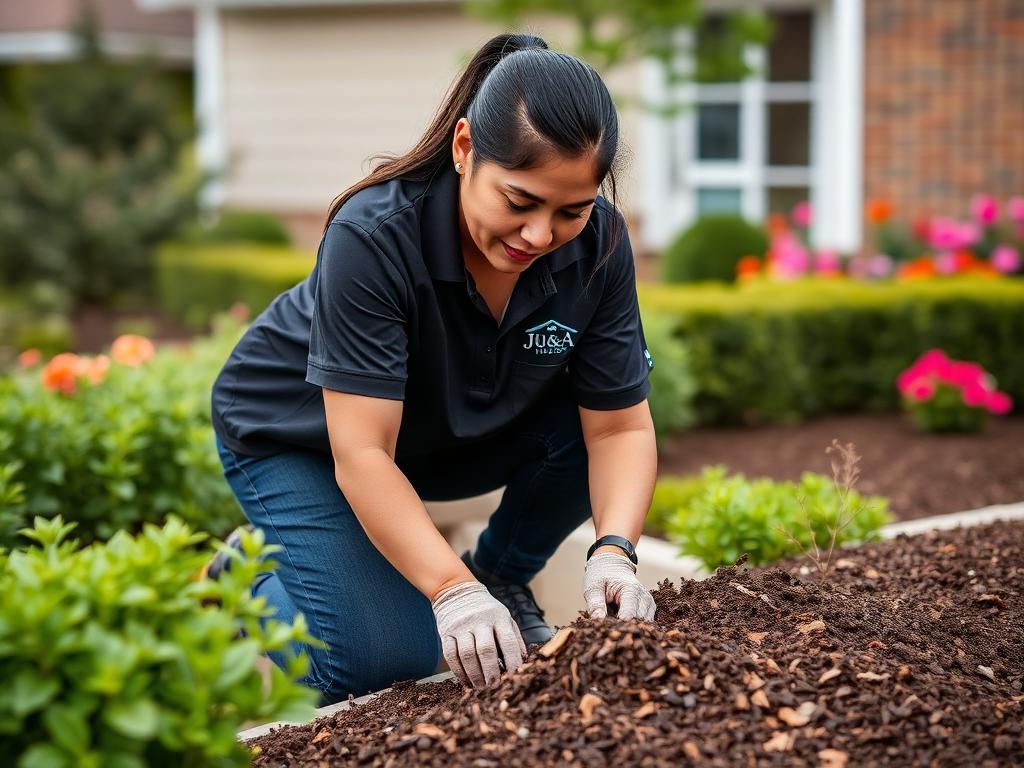 Planting shrubs and spreading mulch in a bed