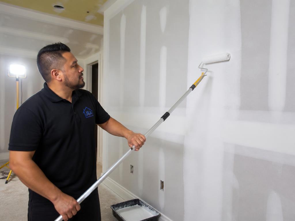 Latino painter rolling primer onto new drywall wall