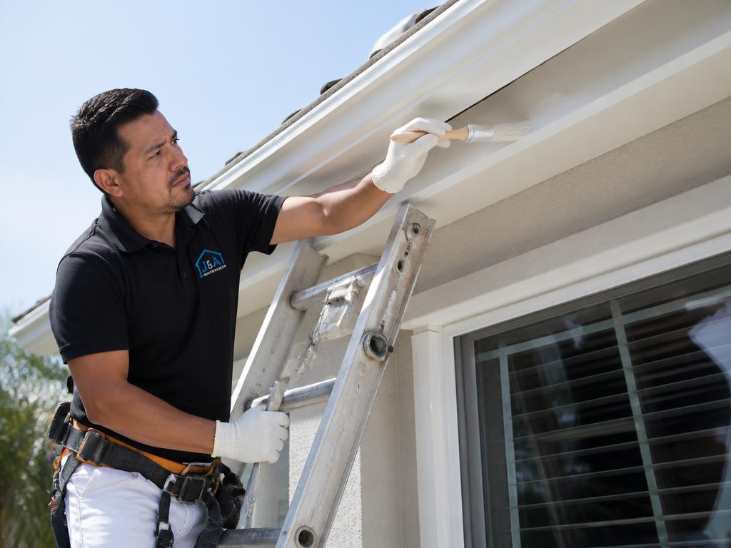Latino painter on a ladder painting exterior fascia trim
