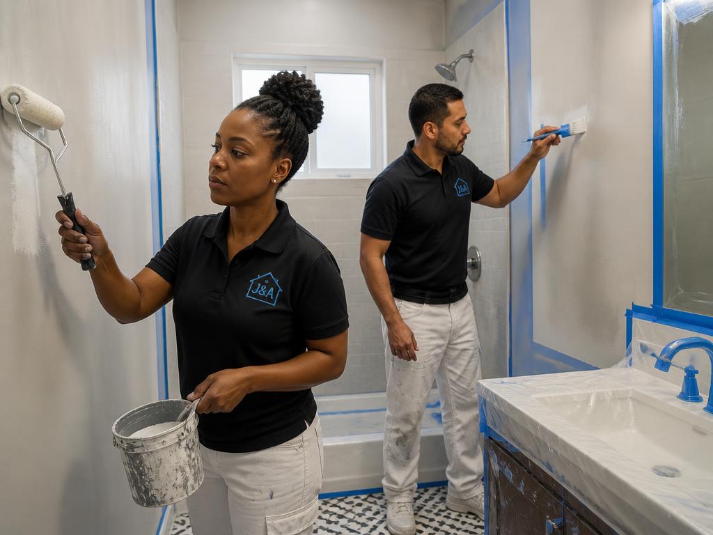 Black woman and Latino man painting a bathroom with moisture-resistant paint