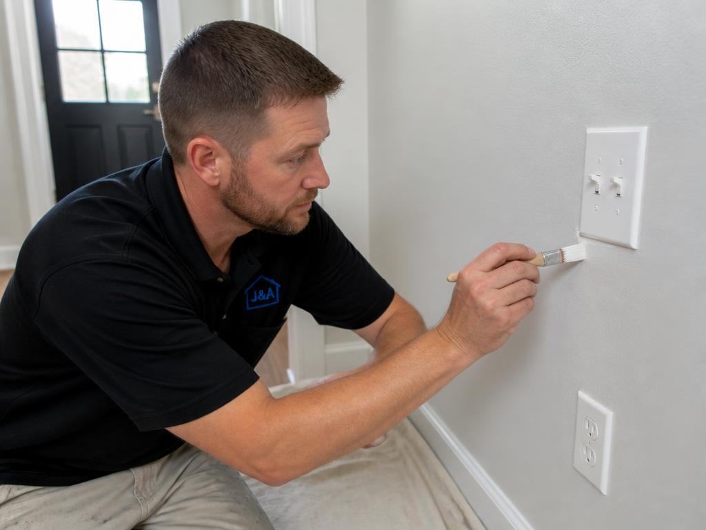 Painter doing final touch-up around an outlet and switch