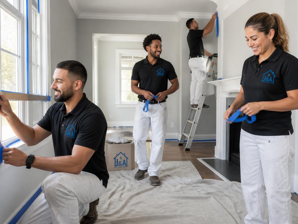 Diverse painting team removing tape in a freshly painted living room
