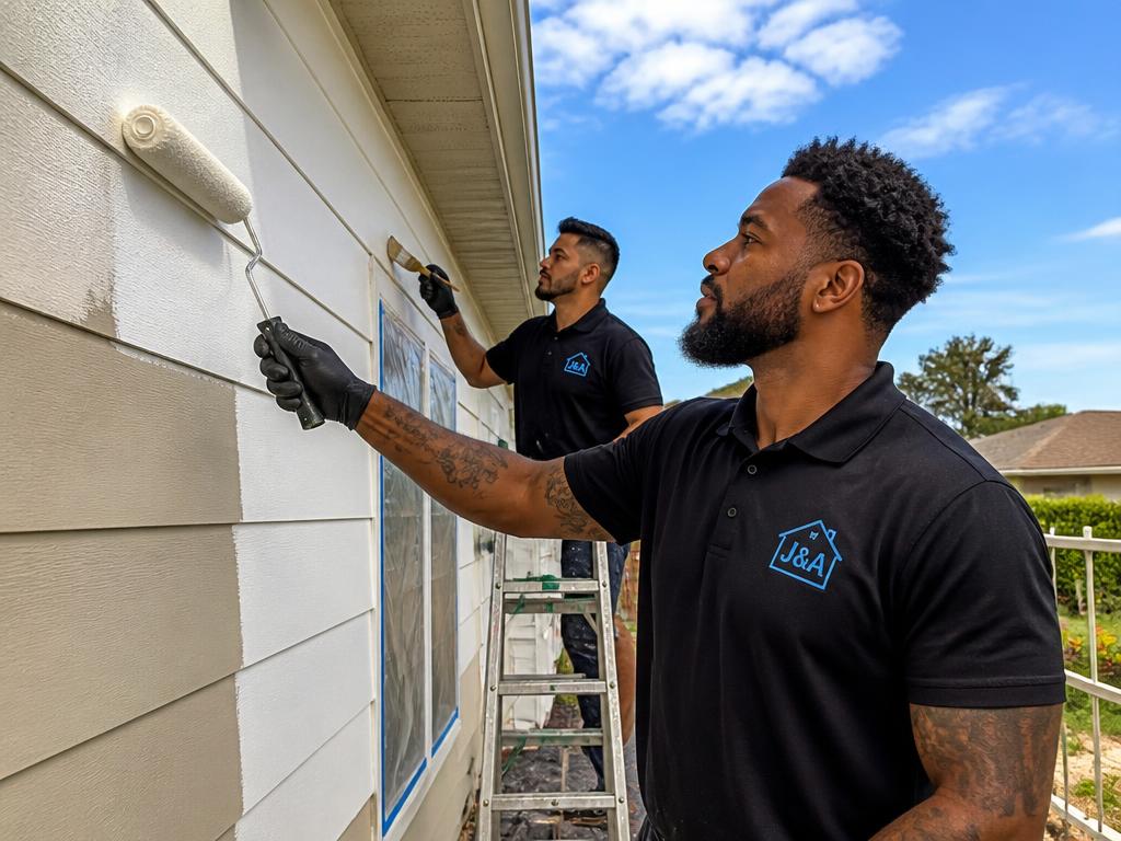 Two painters painting exterior siding on a sunny day