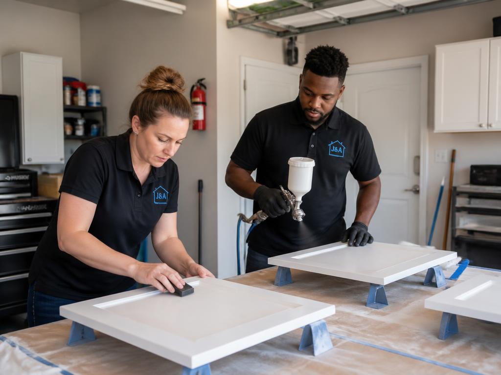 Crew refinishing kitchen cabinets in a workshop