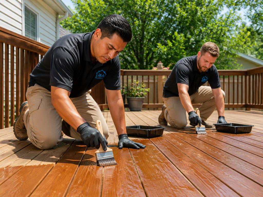 Painter staining a wooden deck with rich brown finish
