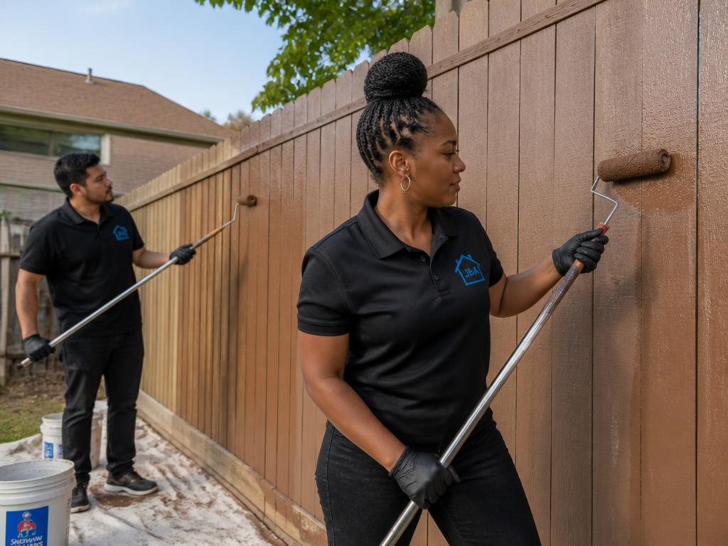 Two painters painting a white vinyl fence