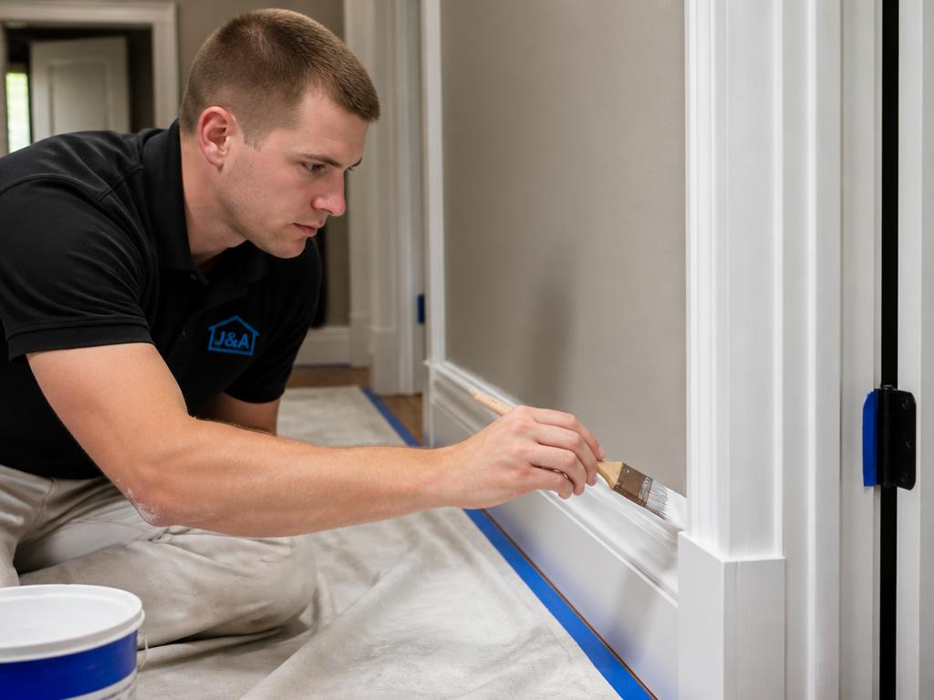 Technician painting fine trim and baseboard with crisp edges