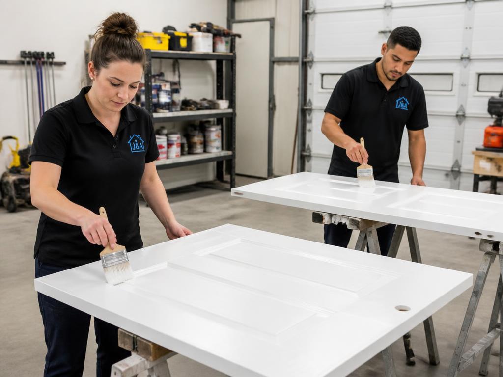 Crew painting interior doors on sawhorses