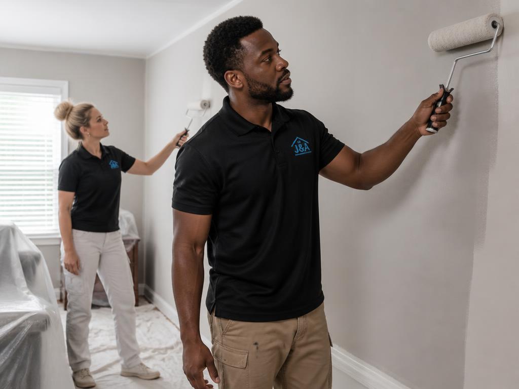Black and white painters painting a bedroom soft neutral color