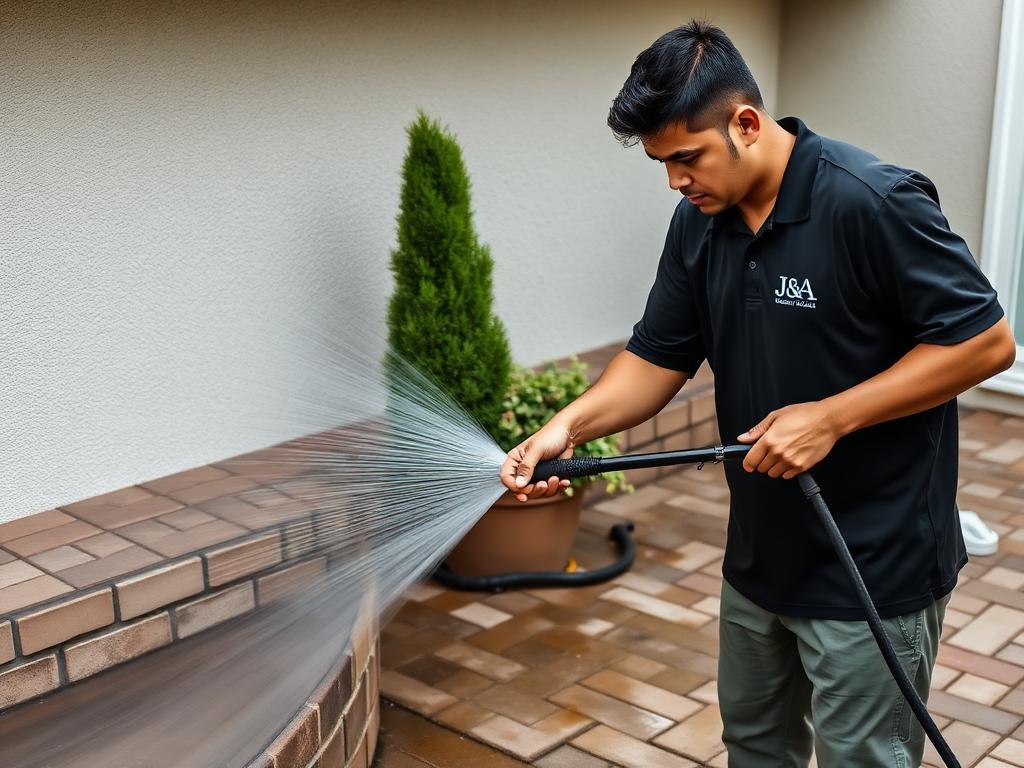 Pressure washing brick pavers on a patio
