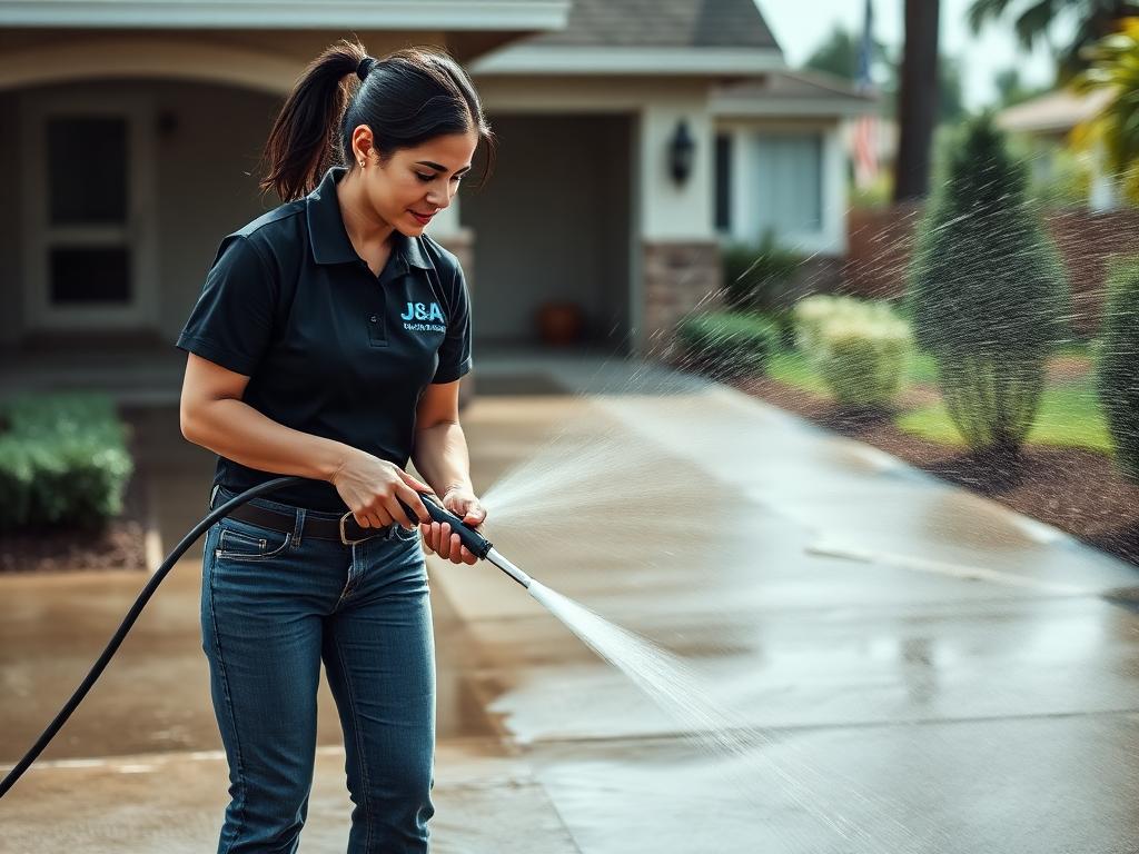 Rinsing a driveway with a clean-vs-dirty contrast