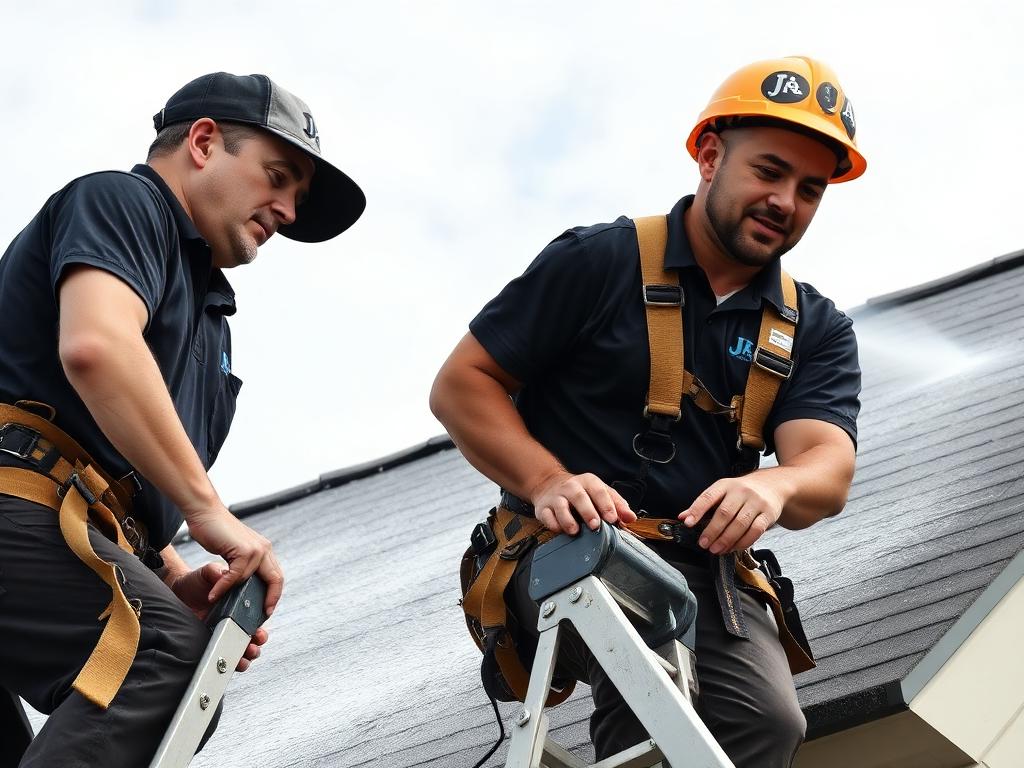 Roof soft washing with safety harnesses