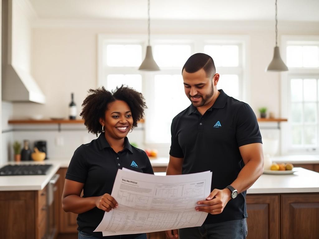 Reviewing plans in a finished remodeled kitchen