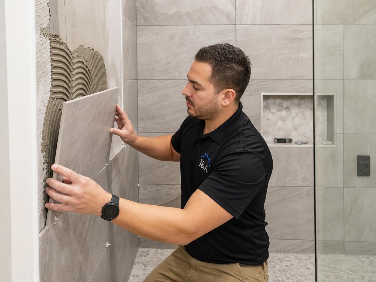 Remodeled bathroom with tiled walk-in shower